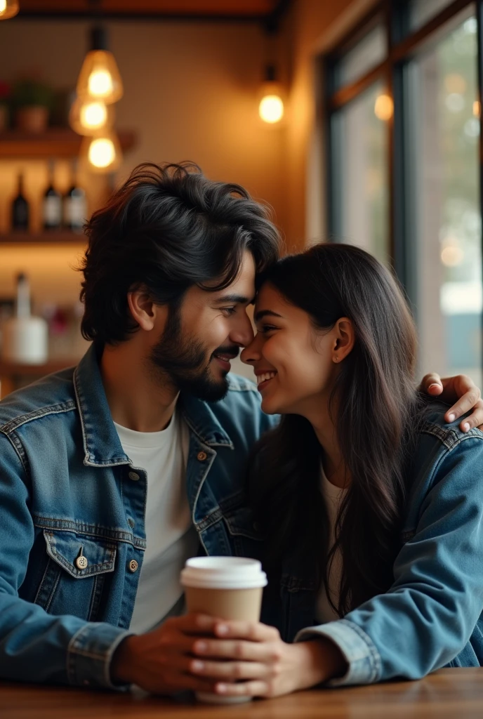 A 20 years old young indian boy with medium long hair wearing denim jacket and seating with his 20 years old young girlfriend with long hair who's wearing blue jacket and both are seating in starbucks coffee shop.
