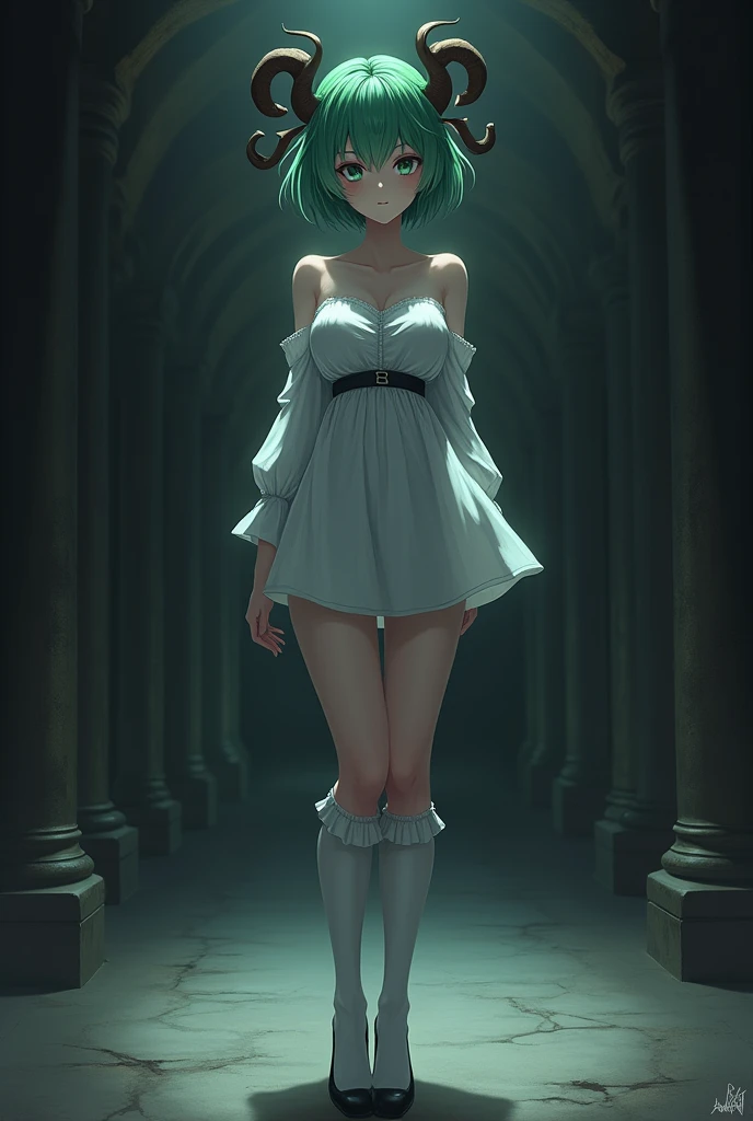 Anime girl with short green fluffy hair with white shirt and white skirt with dark and slim body with big boobs standing in the big black home with brown horns with long white socks