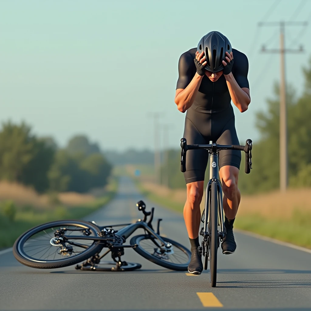 Road bike rider with a flat tire, standing on the ground holding his head while his bike is upside down