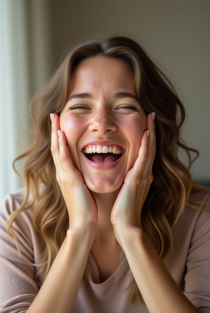  laughing with her hands near her face