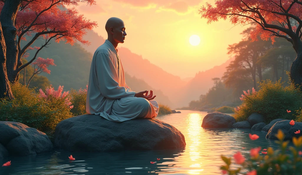 scene of a paradisiacal garden with a monk in a meditation position on top of a rock, in the center of a stream, at sunset