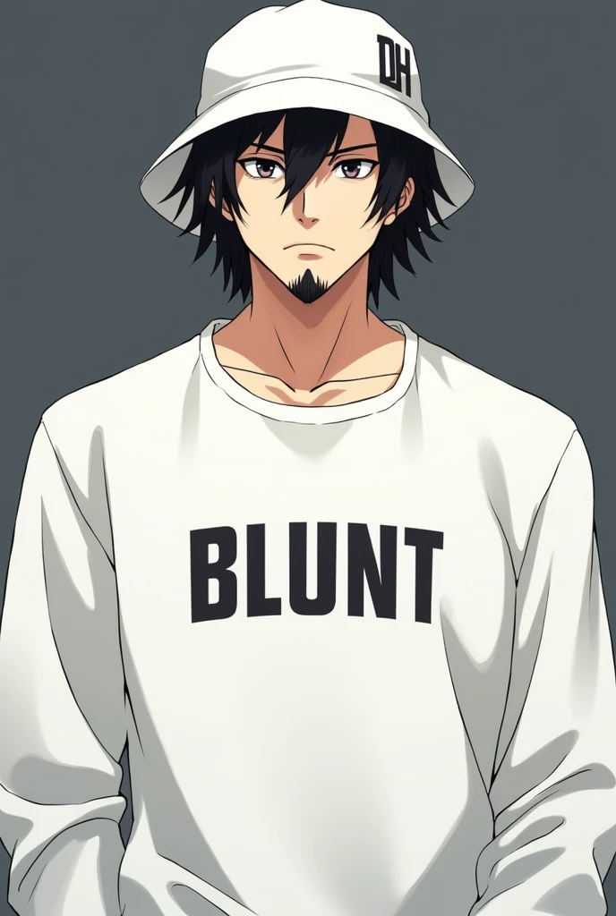 Adult male character in anime format with a white sweatshirt with the words BLUNT written on it and a white bucket hat with the words DH written on it in the right corner, with black hair and a goatee with a serious face looking forward from the abdomen up