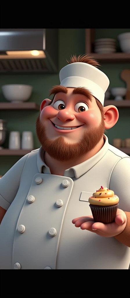 Create a 3d -Pixar style cartoon scene, Where a 2 man, with short brown hair and a red beard he is holding a cupcake dressed as a baker. 