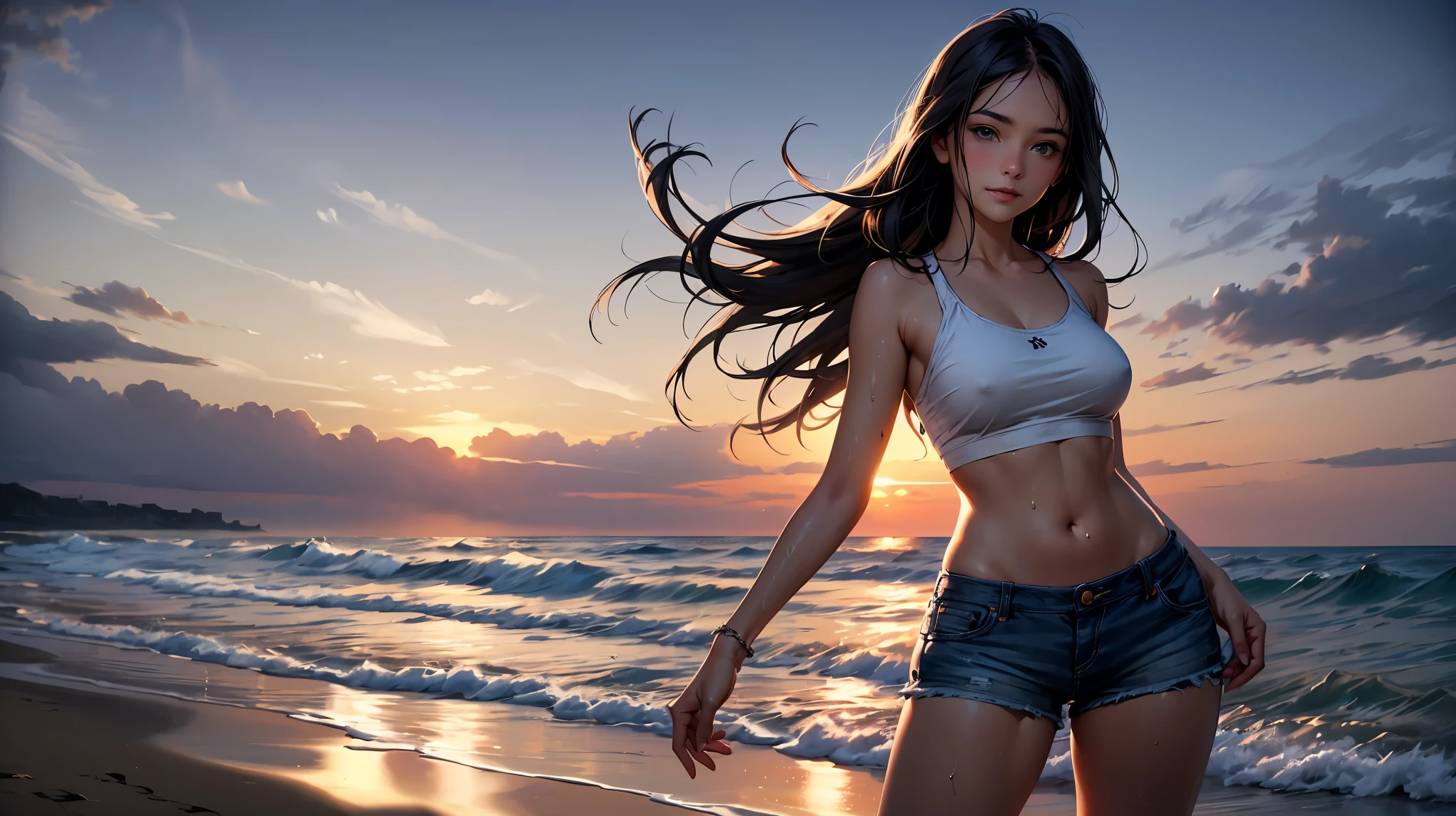 Create a high-quality, realistic image of a beautiful anime girl at the beach during sunset. She has long, flowing pink hair that cascades down her back, and her captivating green eyes have a subtle glow, reflecting the fading sunlight. The girl is wearing a bikini that highlights her curvy figure, along with a see-through tank top that clings slightly to her skin, wet from the ocean waves. Her shy yet inviting smile reveals a sense of warmth and playfulness, enhanced by a gentle blush on her cheeks. Her shorts are short and snug, and the soft fabric accentuates the natural curves of her body. The scene is set at dusk, with the sky painted in hues of orange and pink, and the beach bathed in the warm, golden light of the setting sun. The sand beneath her feet is slightly wet, and she stands near the water's edge, the waves gently lapping at her toes. Her posture is relaxed, yet she exudes a quiet confidence, making the scene both serene and subtly alluring. The overall atmosphere is one of tranquility, with the soft glow of the evening sun casting long shadows and creating a dreamlike, romantic mood.