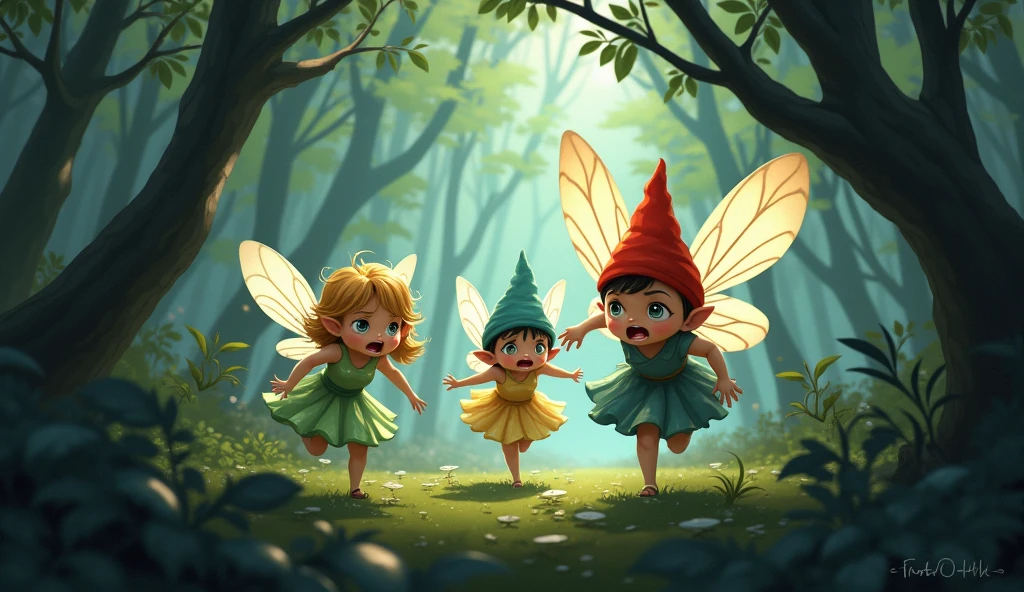 **Fairies:**
- Fairies are small magical creatures with pale, delicate skin, contrasting with their golden hair that shines brightly in the light. They are approximately 15 centimeters tall and their wings are thin and translucent, resembling the wings of a dragonfly.
- Fairies wear shimmering dresses, which reflect various colors, ranging from shades of blue, silver and pink. The dresses are light and fluttering, giving the impression that the fairies are floating in the air, even as they run in panic.
**Gnomes:**
- Gnomes are small, robust creatures, with dark skin and strong facial features. They are about 30 centimeters tall and their large, round eyes show an expression of fear and urgency.
- They wear colorful, pointy hats, ranging from red, blue, green and yellow, which stand out against the dense forest around them. Their clothes are simple, made of rustic fabrics, with leather pants and boots. **Action and Atmosphere:**
- Both the fairies and the gnomes are running desperately through the forest, with panicked expressions on their faces. The fairies fly low as they run, their wings beating rapidly, while the gnomes move quickly between the trees and bushes.
- The surrounding forest is dense and dark, with tall trees and intertwined branches creating eerie shadows. The vegetation is thick with leaves and low-hanging branches that the characters try to avoid as they run.
**Ambience and Lighting:**
- The lighting in the scene is darker, with light filtering through the treetops, creating an eerie and tense atmosphere. The shadows around the characters heighten the sense of fear and urgency, while the fairies' dresses and gnomes' hats provide a vibrant contrast against the dark forest backdrop. 2D, Cartoon.