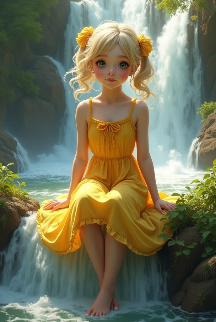 wearing a yellow dress with a bow, pigtails, wavy blonde hair and sitting on the edge of the waterfall