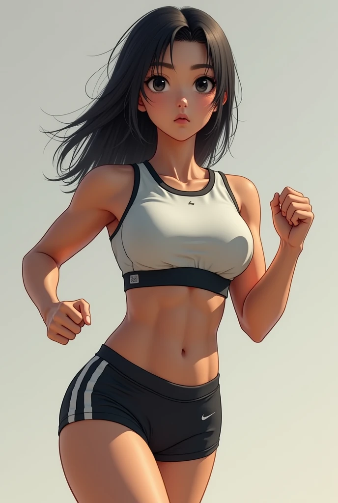 ((best quality)), ((masterpiece)), (detailed)), hyper-detail asian girl, wearing jersey, slim waist, slim hips, small chest, Running tights, straight black hair, strong jaw, black slim eyes , human, young, thick muscular thighs, tan, 