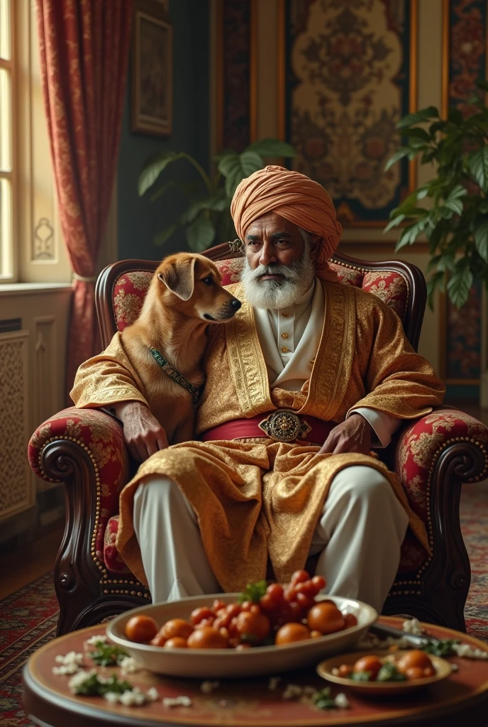 A wealthy man has a dog living in luxury, eating kebabs and kofta. Create an image that represents this scene, with colors that look old, as if from the early days of color television.