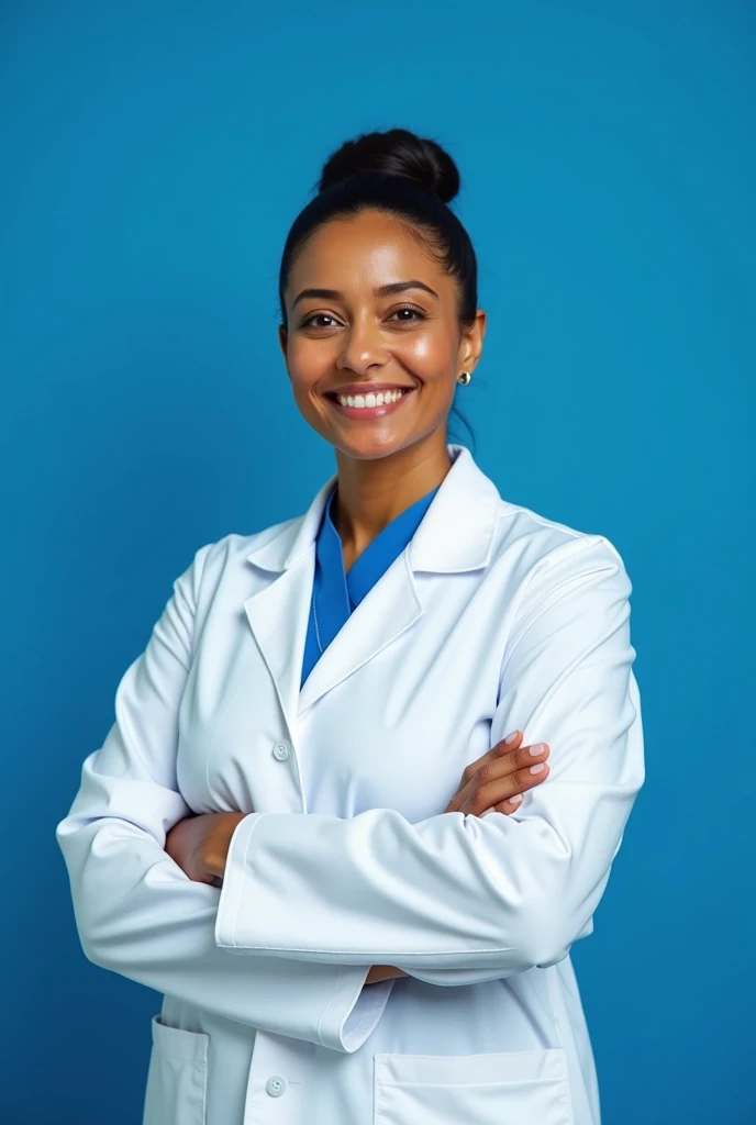 "Create an image of a white Brazilian nurse wearing a white lab coat, with medium brown skin and dark hair tied back in a simple bun. She should be a middle-aged woman, slightly overweight, with a warm, professional expression. The background should be a solid royal blue, providing a strong contrast to her white lab coat. The overall composition should emphasize her approachable and caring demeanor. 
