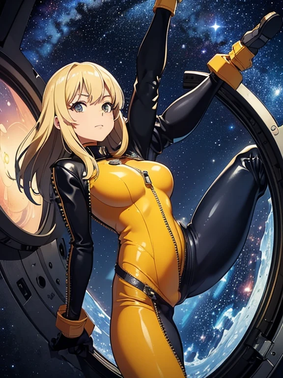 8K、1girl、spaceships、body suit、cleavage of the breast、natta、intergalactic、spaces、huge-breasted、I have a laptop、looking at the viewers、、solofocus、cowboy shot、(masterpiece:1.4)、(top-quality:1.4)、(shinny skin)、Steamed body、masterpiece, super fine illustration, best quality, light particles, ultra-detailed, 8K wallpaper, (bright colors:1.2), (adult woman), voluptuous body, huge breast, carrot orange hair, long hair, twintail, two side up hair, shiny skin, (naked, yellow legwear), red ribbon, beautiful red eyes, slant eyes, shiny eyes, orgasm face, O-face, blush cheeks, arched back, (a man), (man behind woman), (man hold girl's waist:1.4), (vaginal penis), hetero, (top down bottom up, lying on back), (woman spread legs), (intense Sex:1.7), (cum out:1.2), nsfw, bedroom, light up, shadow,