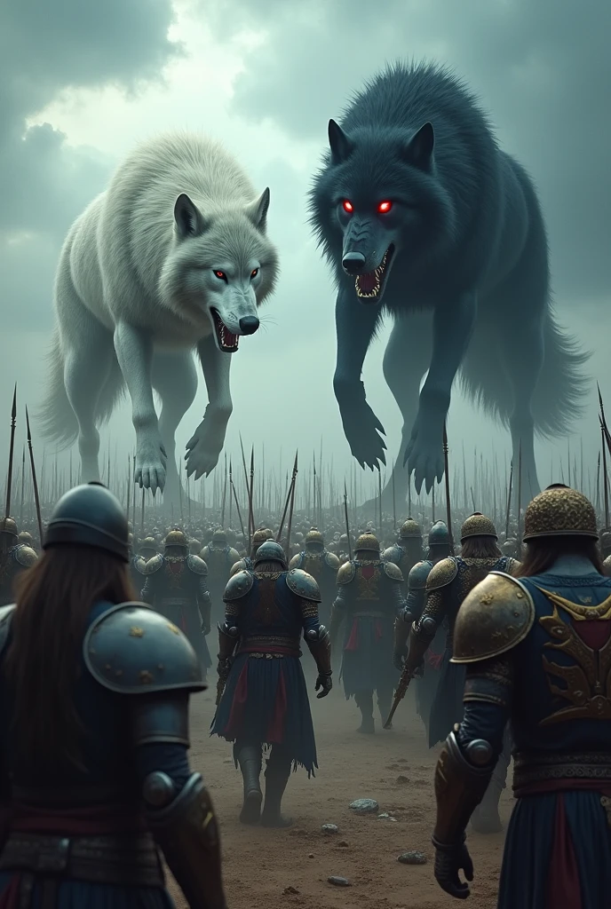 Army of big wolves and male soldiers the immaculate ancient soldiers. thousands of big wolves.

In front of them two werewolves, a white Alpha and a black Alpha with red eyes War scene