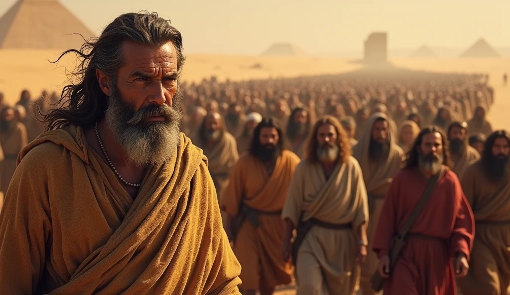 Moses' Exodus from Egypt, With a lot of people, Hundreds of thousands, desert,Old gowns,,History reference,High-quality artwork and details,Realistic portrait style,Subtle color palette,vibrant background,natural textures,Deep Shadows,Subtle highlights,Historical accuracy,meticulous attention to detail,Emotional depth and intensity,Authentic Representation,Thought-provoking,Spiritual atmosphere,A Sense of Ancient Wisdom,Profound impact