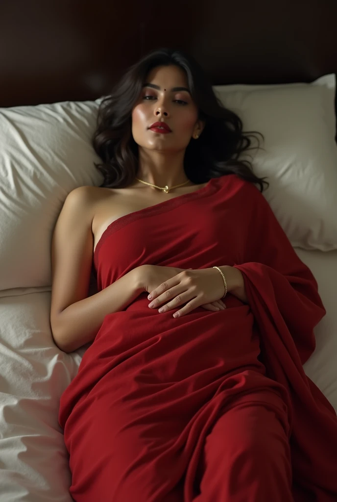 realistic indian female aged 35 lying the bed only wearing red saree without blouse and showing her breast with perky nipples.