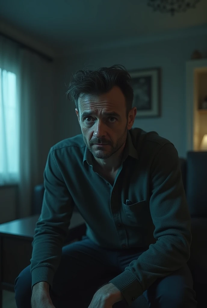 Man in a realistic scene with cold tones and a little scary with a bewildered face in the living room of his house