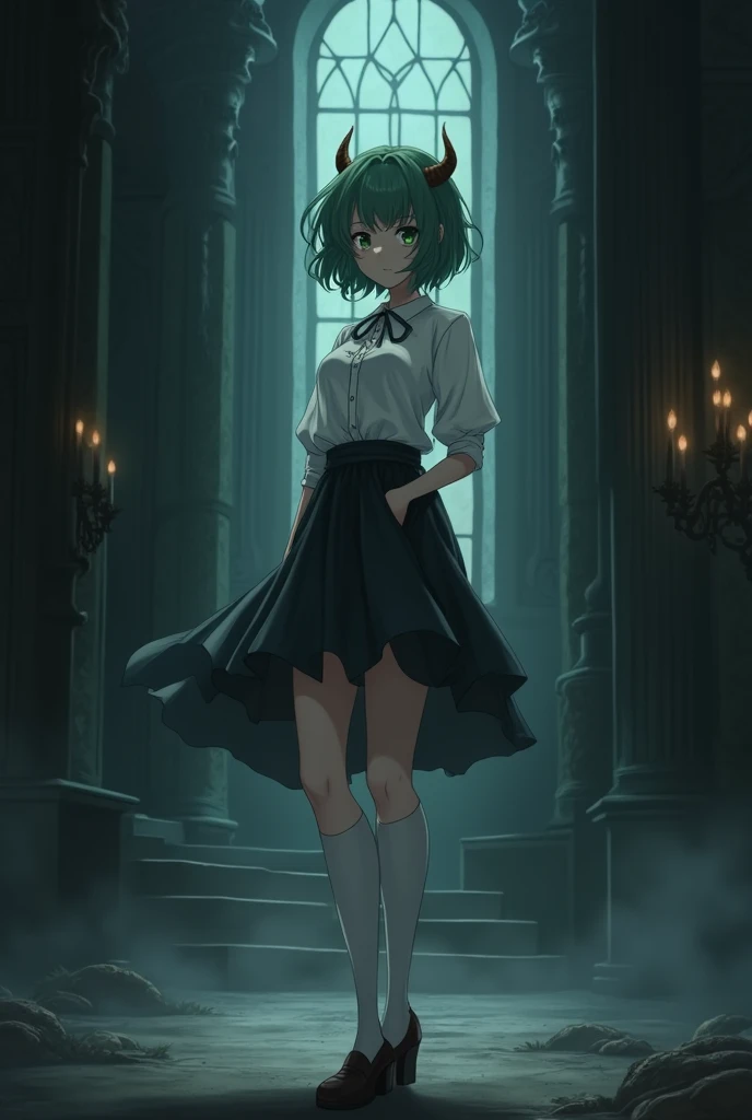 Anime girl with short green fluffy hair with white shirt and white skirt with dark and slim body with big boobs standing in the big black home with brown horns with long white socks