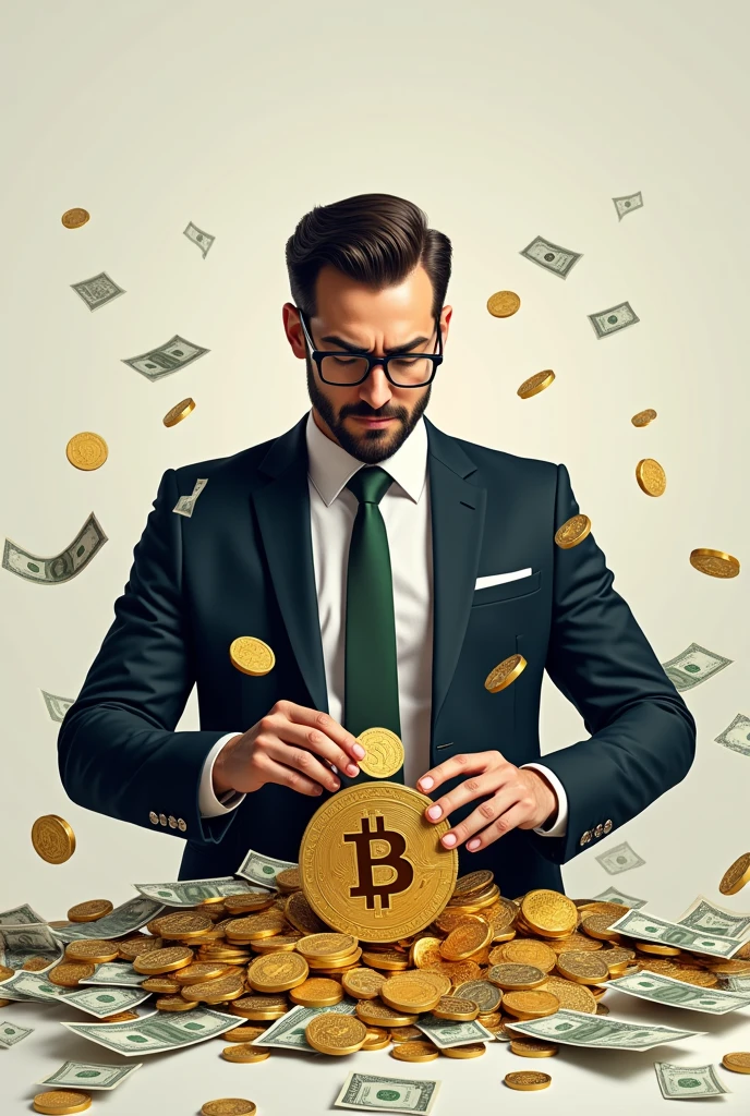 4k wall paper of a rich person making with several dollar bills and bitcoin coins 