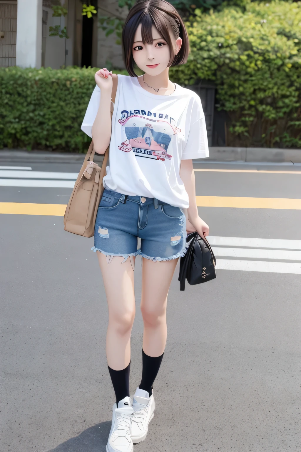 Extremely short, tight, and skinny denim shorts、Beautiful girl.,she is cute and beautiful like an idol.,She is pure and innocent.,She is wearing a T-shirt,High socks and sneakers.Japanese,Black short bob,A shy smile