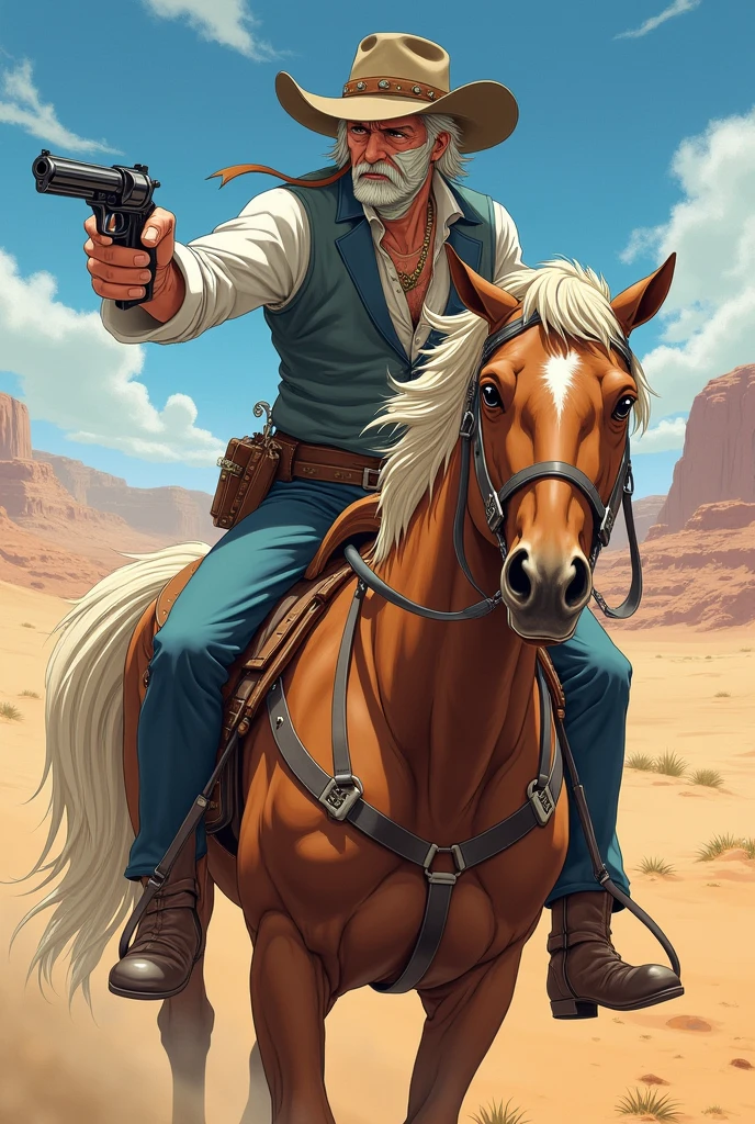 a character with a wide brimmed hat with white hair, bandages on the face a white long-sleeved shirt, with a blue-gray vest, a holster with accessories holding a revolver, with blue fitted pants and leather boots, in a desert riding a horse shooting in anime style