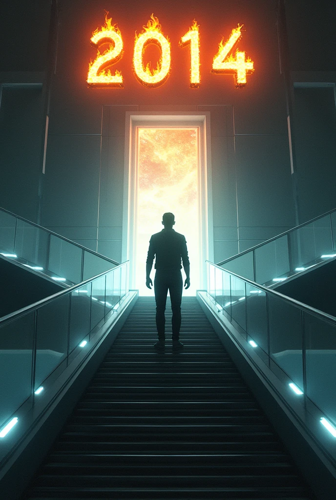 Create a man on top of a futuristic staircase in front of a dark luminous portal.. Above the portal it says 2014 on fire. The man is wearing casual but very elegant black clothes..