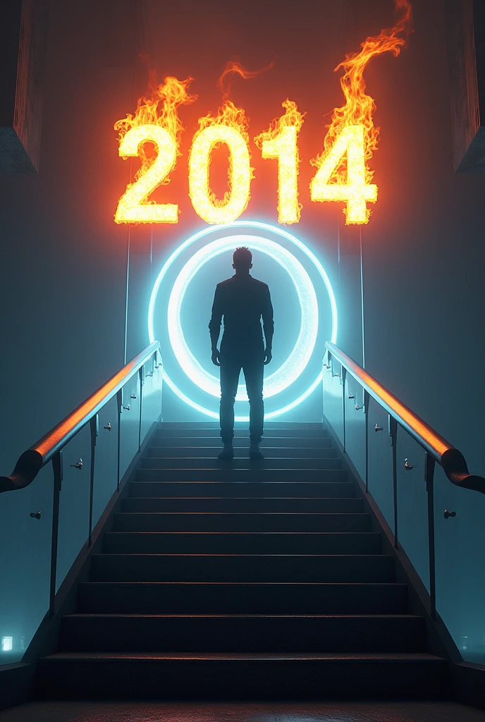 Create a man on top of a futuristic staircase in front of a dark luminous portal.. Above the portal it says 2014 on fire. The man is wearing casual but very elegant black clothes..