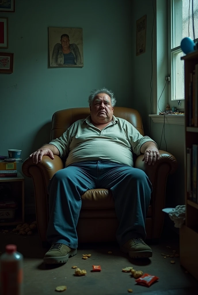 I want to see a guy who is lazy and fat and is sittin in a dark room , he is not old , make the wallpaper the size fit for an iphone x
