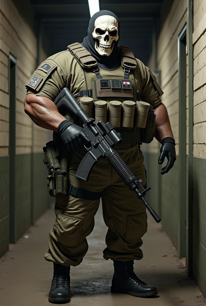 ultra realistic 8k, A white man. Heavy Infantry Army Soldier(ultra reslista). He wears a camouflage balaclava with a skull on it. Muscular and corpulent physique of 2,30 meters high(Realist 8K). He wears a Brazilian army uniform and wears a Russian 6b43 heavy vest.. he uses a lot of heavy equipment on it(detailed relist 8k). he is in a barracks. He holds a MK3 machine gun with a large magazine..