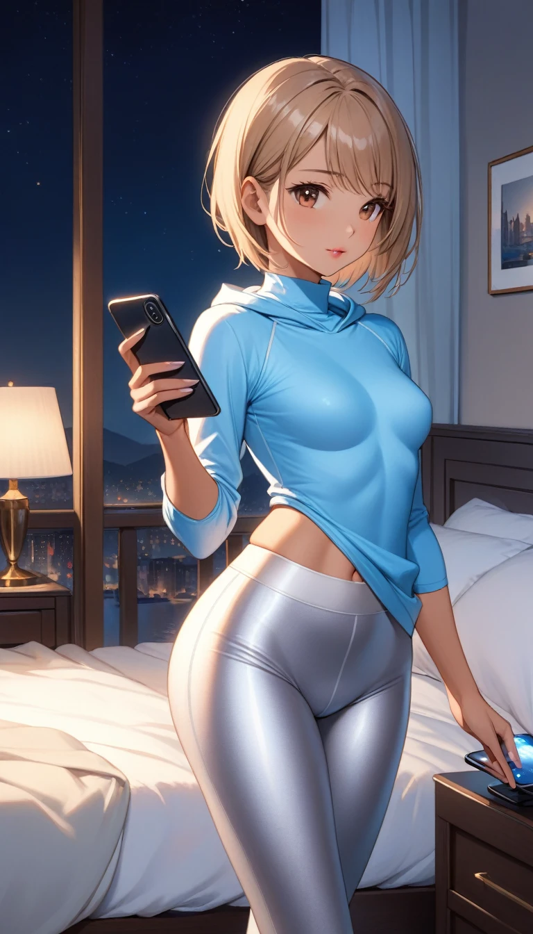 Beautiful 47y young woman with short undercut straight dark blonde hair, with brown eyes wearing ((Tight Silver Low-Rise Leggings), ((Sexy Mock Neck Mid Sleeves Light Blue Shirt With Hood Down)), standing in her bedroom at night, holding her cellphone, (mid-tanned skin), (light brown lipstick), (elegant mascara), (slim body), (small breasts), (wide hips), midjourney, <lora:GoodHands-, <lora:GoodLegs-, UHD, high resolution, (expressive eyes, perfect face, full body, expressive face, perfect body, perfect pussy, athletic, fit, slim body, blushing, Perfect makeup, eyeliner, beautiful eyelashes, smiling, horny face), ((best illumination, best shadows)), ((sexy pose)), score_9_up, score_8_up, score_7_up