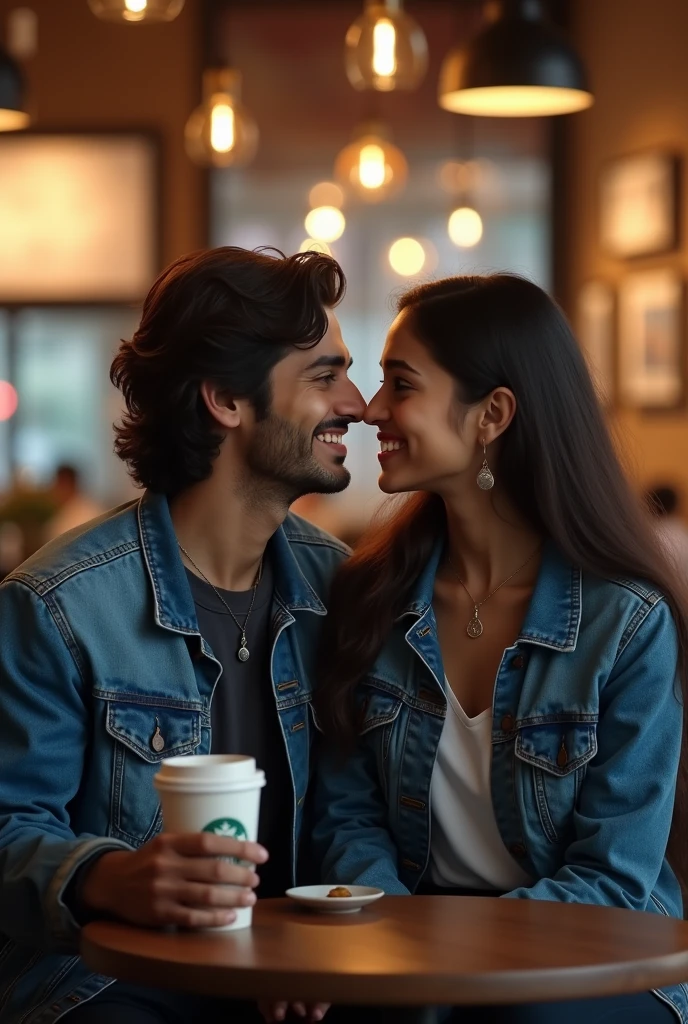 A 2 single indian girl with long hair,seating on table in a restaurant with the same age of her boyfriend with medium long hair and boy taking selfie. Generate a portrait image
