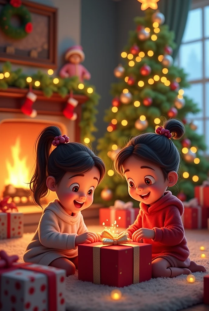 A little besutiful mirning. Two girls are opening the christmas gifts. There is a pile of gifts under the christmas tree. A fireplace is showing in the background. Christmas spirit and colorful. Animated. 