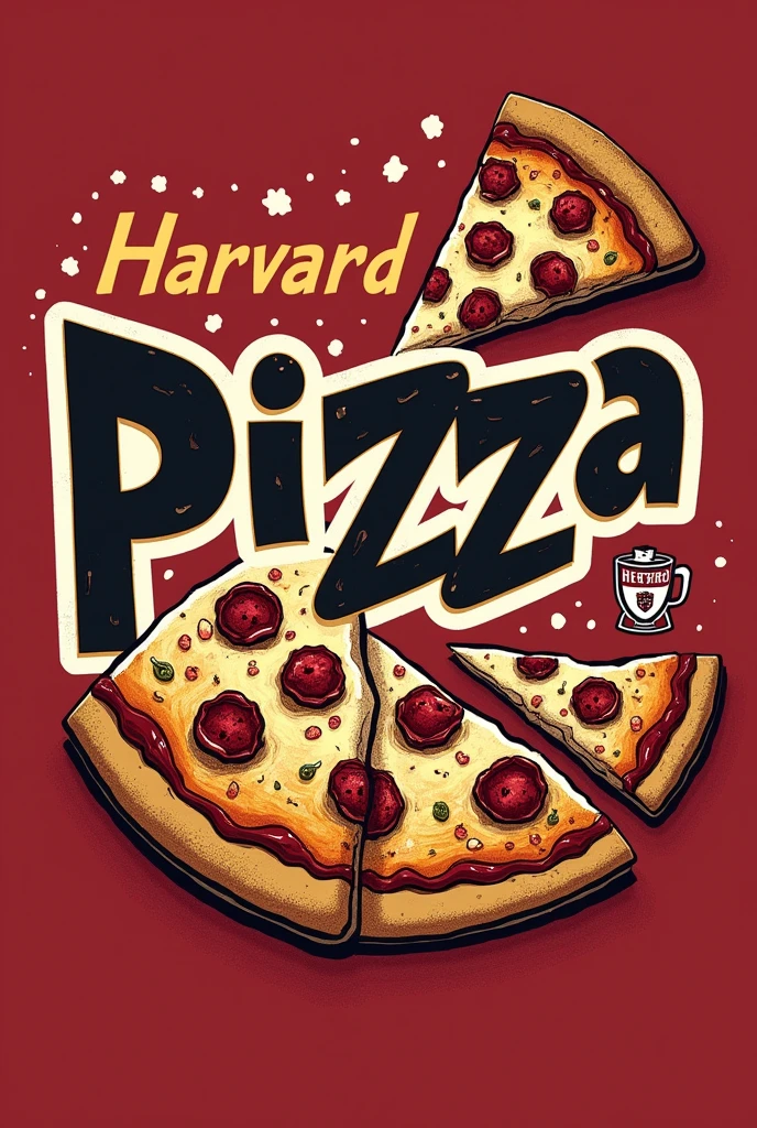 Create a t-shirt with the written print. Harvard pizza. With colors that stand out and the design on the mug also stands out. 