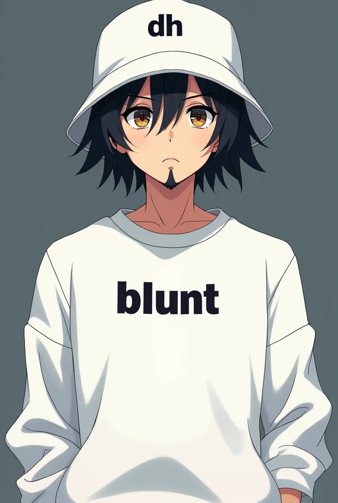 Adult male character in anime format with a white sweatshirt with the words BLUNT written on it and a white bucket hat with the words DH written on the right corner, with black hair and a gradient goatee with a serious face looking forward from the abdomen up
