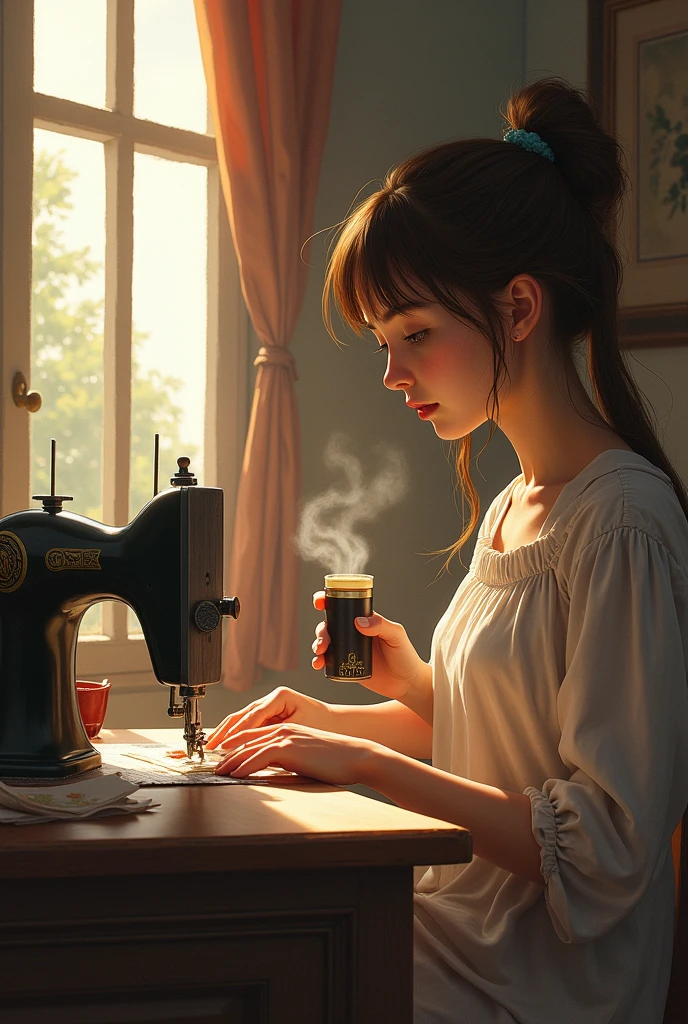 I would like to create a scene where there are two girls, one sitting with a sewing machine, the other standing looking with a thermos of mate in a house.