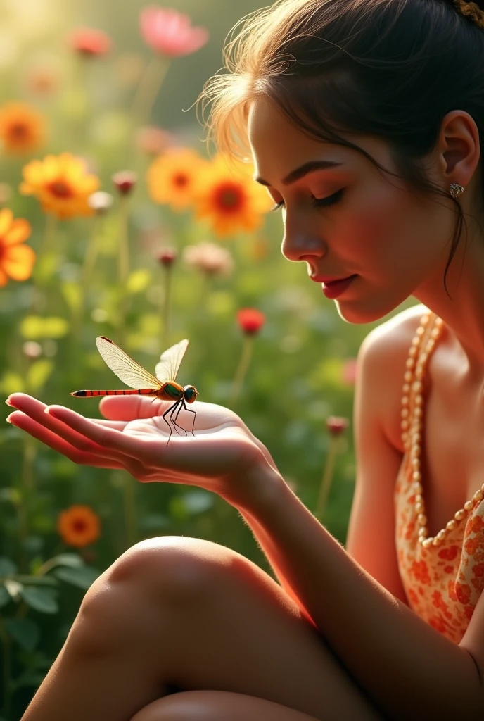 close-up of a colorful dragonfly, shimmering wings and bright green eyes, sitting on a woman's hand. The woman sits peacefully in her garden, surrounded by vibrant flowers and greenery, the scene capturing a moment of quiet reflection and natural beauty. The dragonfly should be small and sunlight should be glistening off its eyes