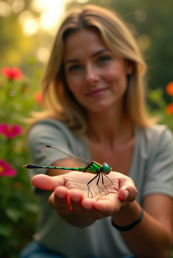 close-up of a colorful dragonfly, shimmering wings and bright green eyes, sitting on a woman's hand. The woman sits peacefully in her garden, surrounded by vibrant flowers and greenery, the scene capturing a moment of quiet reflection and natural beauty. The dragonfly should be small and sunlight should be glistening off its eyes