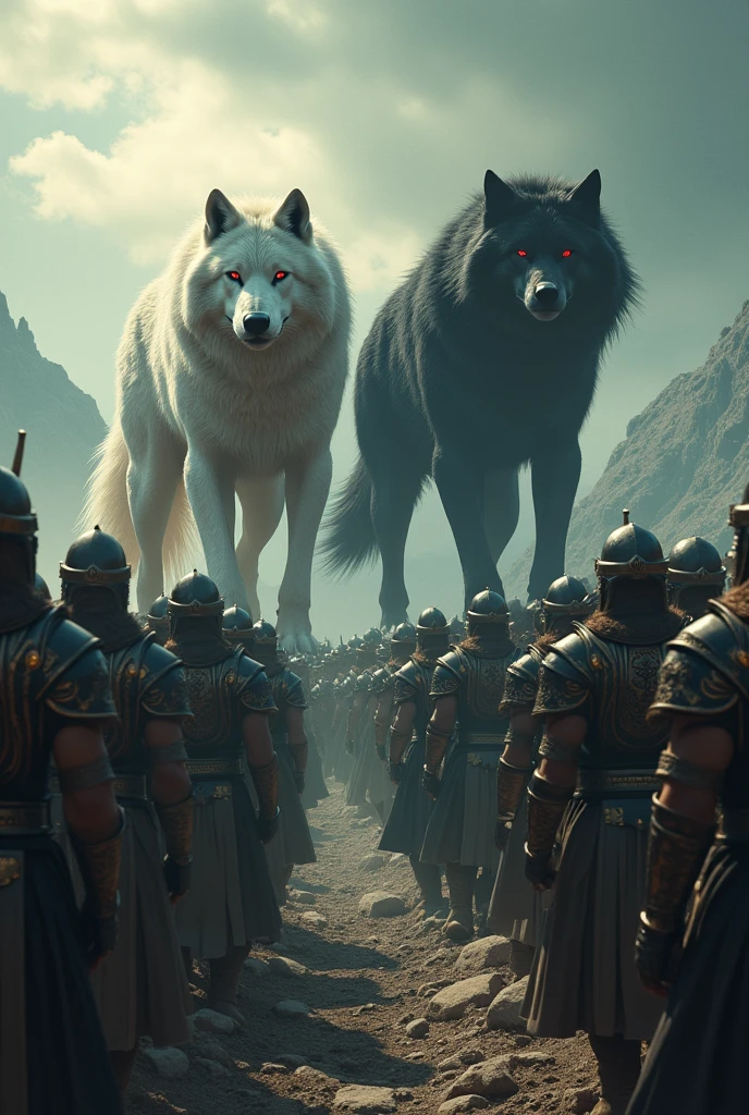 Army of big wolves and male soldiers the immaculate ancient soldiers. thousands of big wolves.

In front of them two werewolves, a white Alpha and a black Alpha with red eyes leading and guiding them War scene