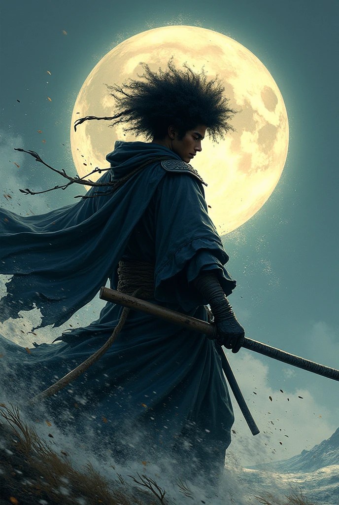 Afro shinobi man with pointed hat full moon and wind