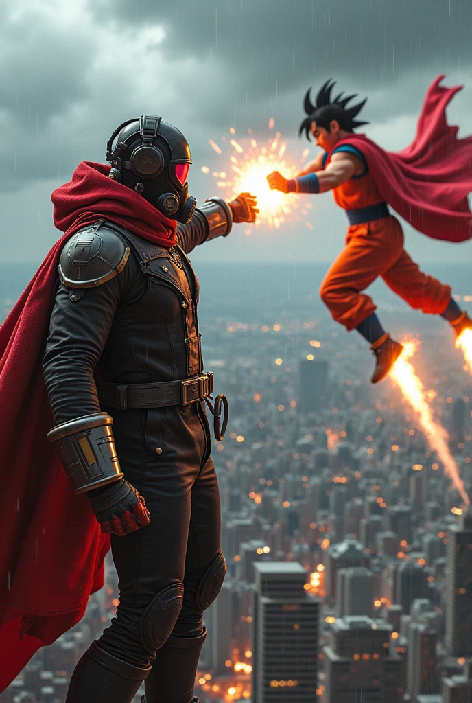 Young Star-lord with red hoodie, headphones, star-lord helmet, gas helmet, covered mouth, round red eyes, Red eyes, magic rings in the hands and rocket boots vs, Goku, Fighting, power, fiction, full body, fall, fire in boots, poweful spells, realistic, helmet, mask, red cape, confrontation, punch, gun, flying in the sky, view of the city from above, rain, fighting, Black gloves, ocean floor, face cover, free hair, front cover