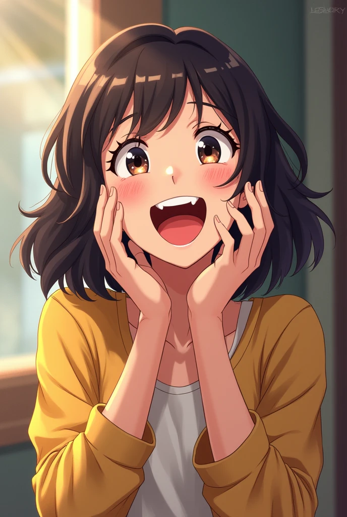 laughing with her hands near her face saying chi