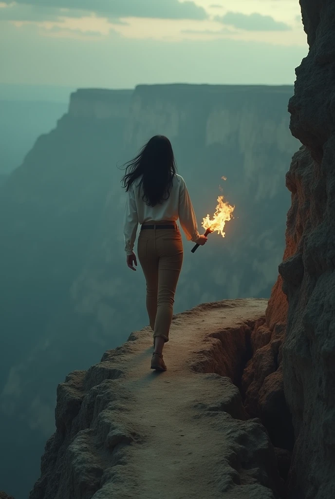 A woman,  with dark hair flowing loose, wareing a white shirt and tan pants, walking a footpath on a cliff, a flaming torch in her hands