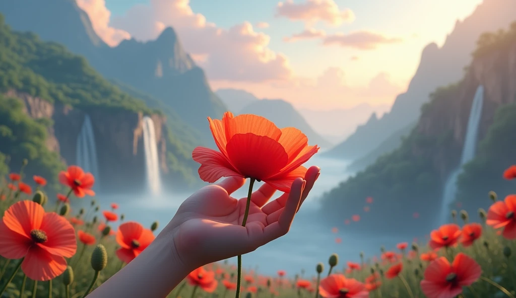 Create a 3d image of a hand holding a poppy with an extraordinary background In horizontal size, as for a wallpaper