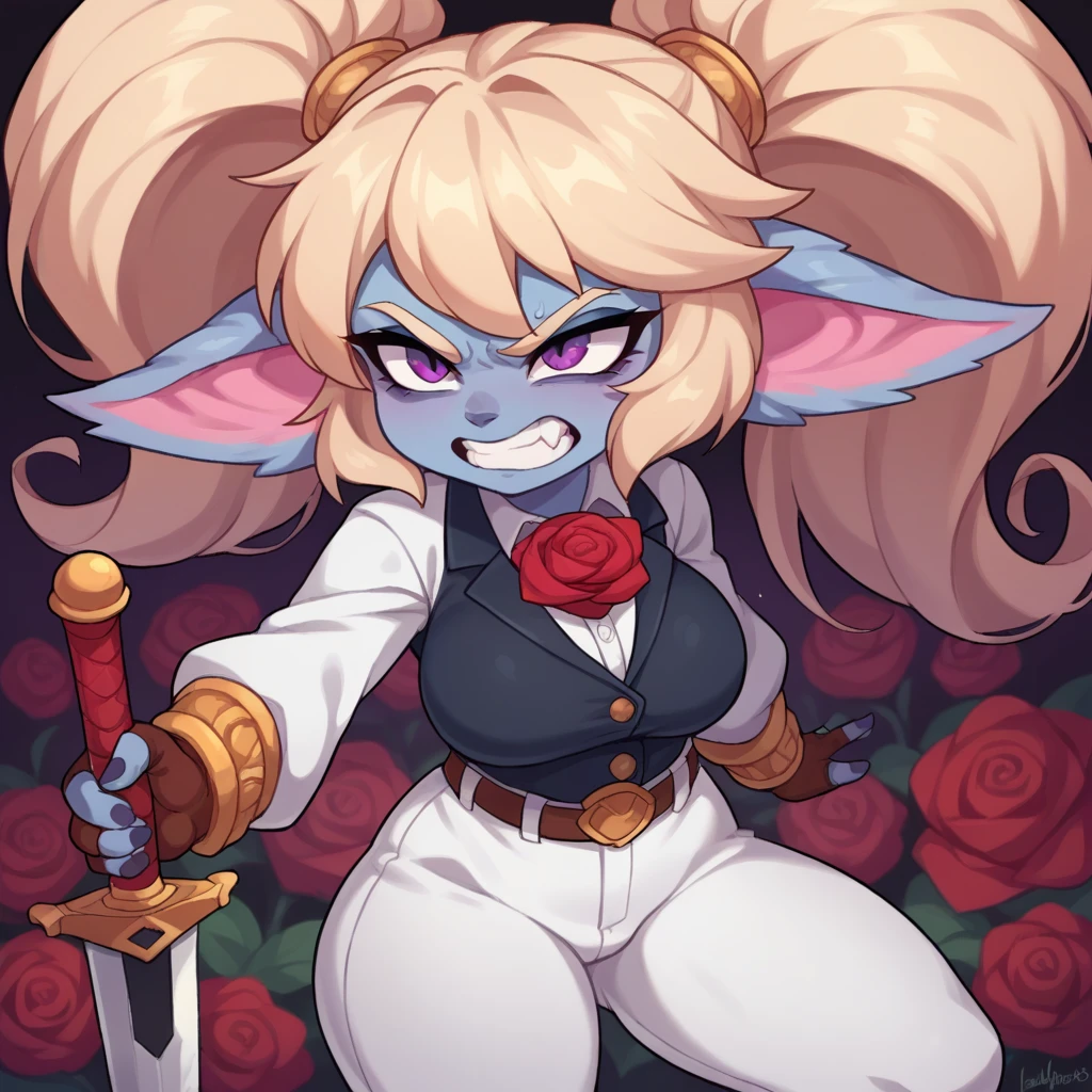 1 girl, Alone, poppylol, Yordle, small pile, colored skin, rubio_hair, purple_eyes, big breasts, angry expression, Singing, dressed as a prince, white pants, White suit, White shirt, Red rose, in a hurry, clenching teeth, sword