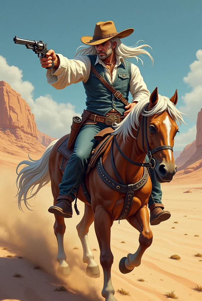 a character with a wide brimmed hat with white hair, bandages on the face a white long-sleeved shirt, with a blue-gray vest, a holster with accessories holding a revolver, with blue fitted pants and leather boots, in a desert riding a horse shooting in 2d anime