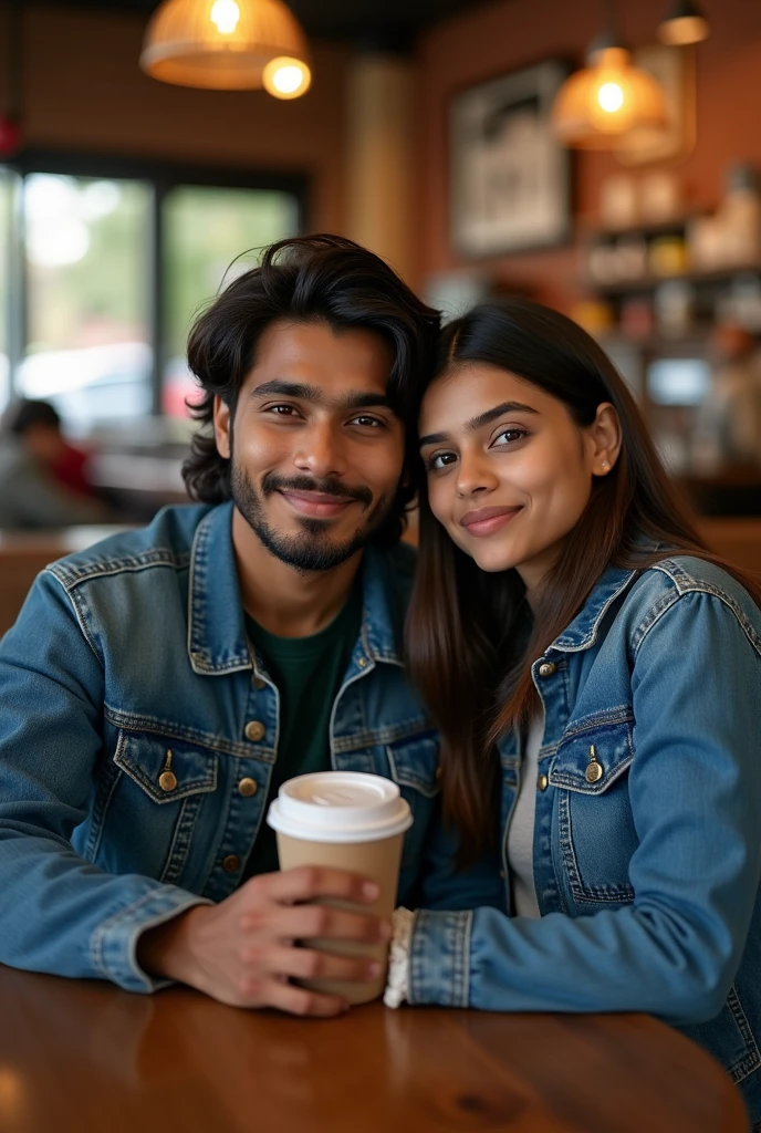 A 20 years old young indian boy with medium long hair wearing denim jacket and seating with his 20 years old young girlfriend with long hair who's wearing blue jacket and both are seating in starbucks coffee shop.