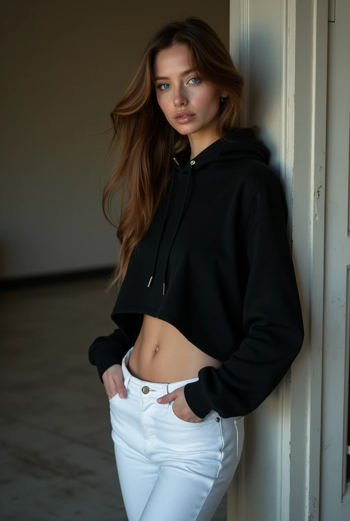 beautiful European girl with blue eyes and brown hair, she is in her sexiest position, she is wearing a black hoodie, she is wearing white sneakers and white jeans, ultra High resolution, (fotorrealista: 1. 4), High resolution, (finely detailed skin), (blue eyes), (perfect proportions) (realistic photos) (masterpiece) (fotorrealista), ultra-realistic (Best quality) (detailed) photographed with a Canon EOS R5, 50mm lens, f/2.8, (8k) (Wallpaper) (cinematic lighting) (dramatic lighting) (complex) mode. 