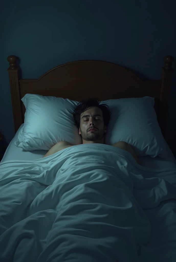 Man in a realistic scene with cold and slightly scary tones lying sleeping in his bed