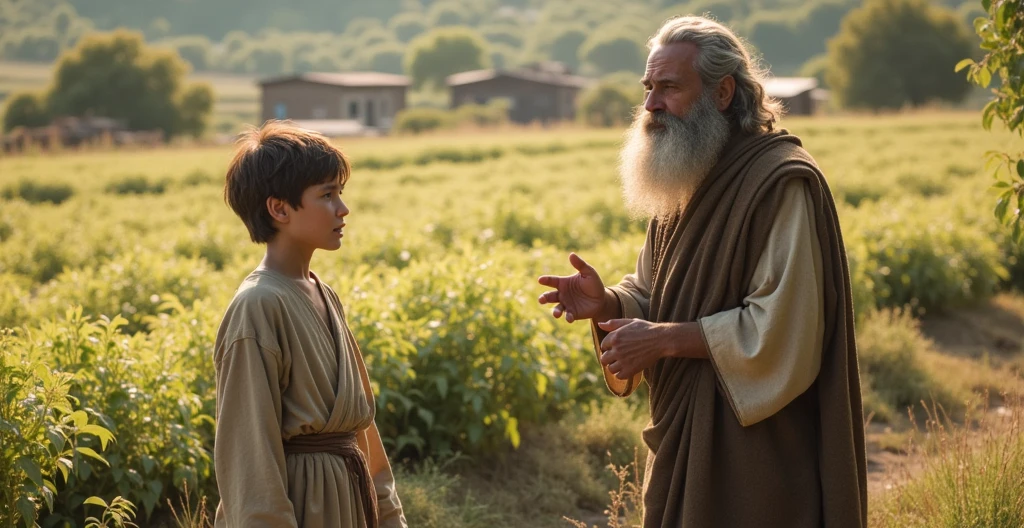 young boy talking to another Hebrew on a plantation, biblical story, 4k image, cinema image