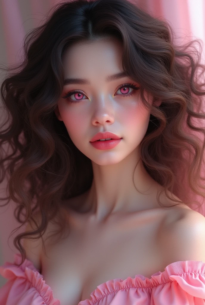 beautiful girl pink eyes curly hair pink big milk