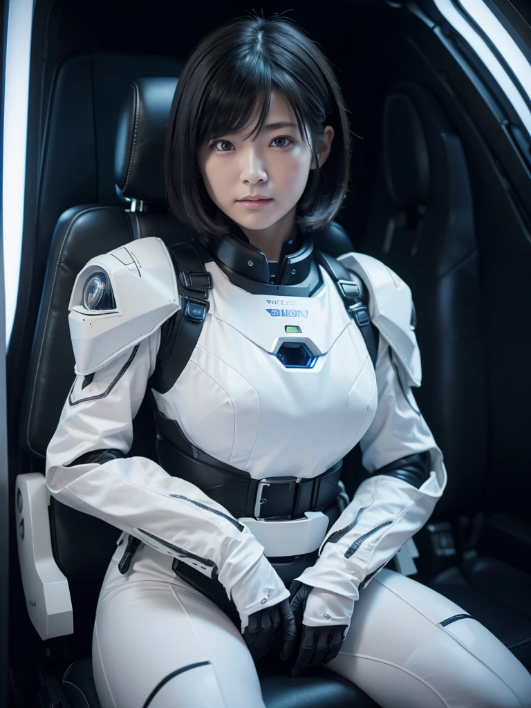 (Ultra-high resolution,Realistic,Highest quality,Photorealistic),(8k,RAW Photos,Highest quality,masterpiece),(Photon Mapping,Radio City,Physically Based Rendering,Auto White Balance),Japanese female android,Black Hair,The spaceship's cockpit,Holding the control lever,Secured to the seat with a thick harness,Plump,Slightly thicker,Squat,White robot suit,There is a control panel on the chest.,Surrounded by machines,