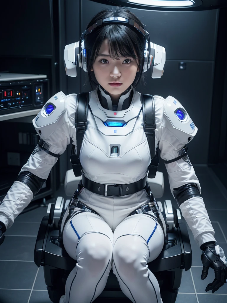 (Ultra-high resolution,Realistic,Highest quality,Photorealistic),(8k,RAW Photos,Highest quality,masterpiece),(Photon Mapping,Radio City,Physically Based Rendering,Auto White Balance),Japanese female android,Black Hair,The spaceship's cockpit,Holding the control lever,Secured to the seat with a thick harness,Plump,Slightly thicker,Squat,White robot suit,There is a control panel on the chest.,Surrounded by machines,