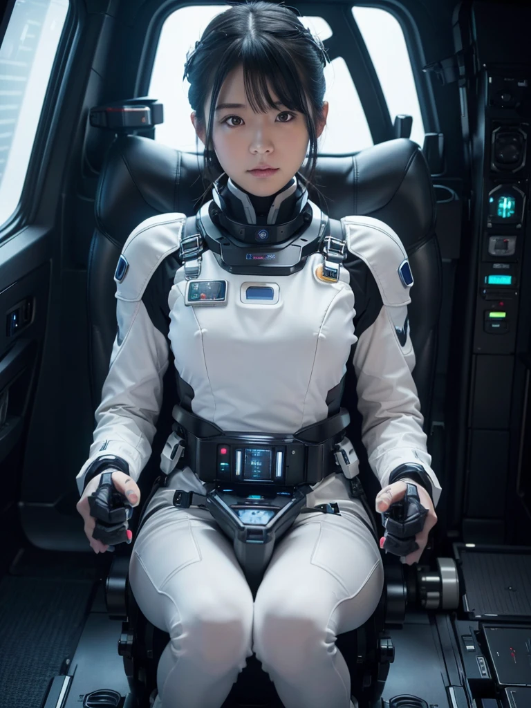 (Ultra-high resolution,Realistic,Highest quality,Photorealistic),(8k,RAW Photos,Highest quality,masterpiece),(Photon Mapping,Radio City,Physically Based Rendering,Auto White Balance),Japanese female android,Black Hair,The spaceship's cockpit,Holding the control lever,Secured to the seat with a thick harness,Plump,Slightly thicker,Squat,White robot suit,There is a control panel on the chest.,Surrounded by machines,